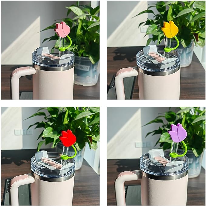 4 Pack Tulip Straw Covers Cap Compatible with Stanley Cup 40 30 oz, Cute Silicone Flowers Straw Topper, Tumbler Accessories, Christmas Gifts for Women