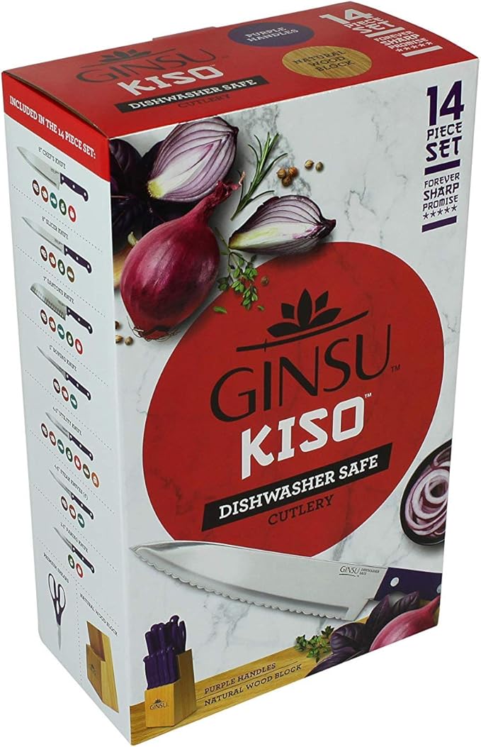 Ginsu Kiso 14-Piece Purple Knife Set with Natural Block - Dishwasher Safe and Always Sharp
