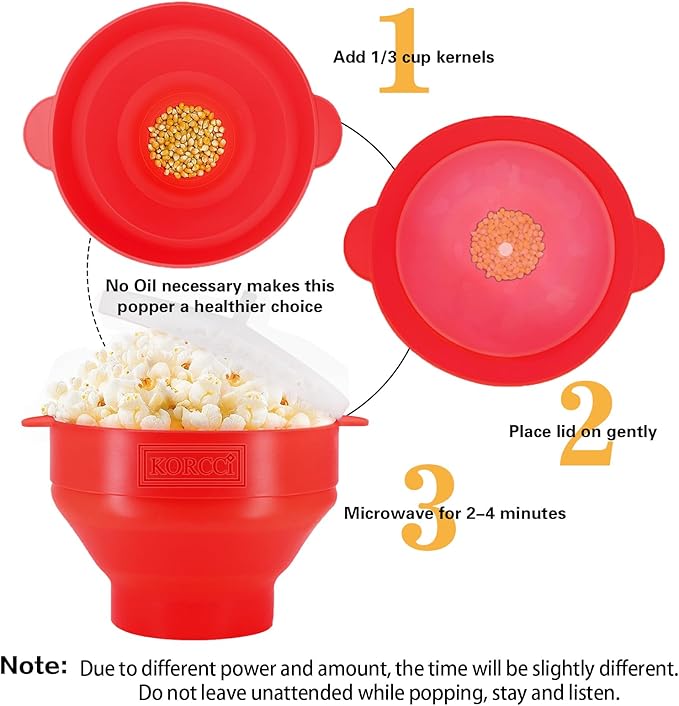 The Original Korcci Microwaveable Silicone Popcorn Popper, Microwave Popcorn Popper, Collapsible Microwave Popcorn Maker Bowl, No Oil Required, Use In Microwave, Dishwasher Safe (Blue+Red)