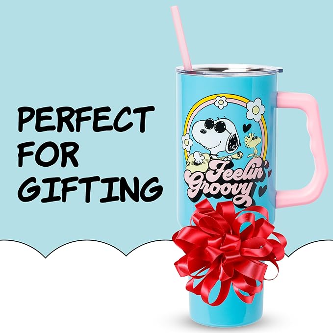 Silver Buffalo Peanuts Featuring Snoopy and Woodstock Feelin' Groovy Stainless Steel Tumbler with Handle and Straw, Fits in Standard Cup Holder, 40 Ounces