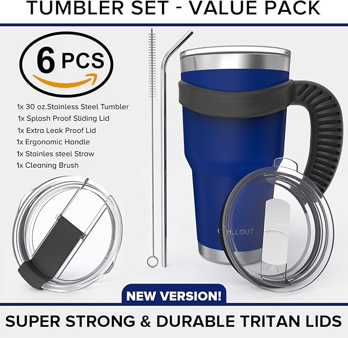 CHILLOUT LIFE Stainless Steel Travel Mug with Handle 30 oz – 6 Piece Set. Tumbler with Handle, Straw, Cleaning Brush & 2 Lids. Double Wall Insulated Large Coffee Mug Bundle (Navy Blue)
