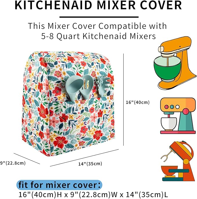 Kitchen Aid Mixer Cover Compatible with 6-8 Quarts Kitchen Aid/Hamilton Stand Mixer/Tilt Head & Bowl Lift Model,Flower Print Mixer Cover Pioneer Woman Kitchen Accessories,Kitchen Aid Mixer Accessories
