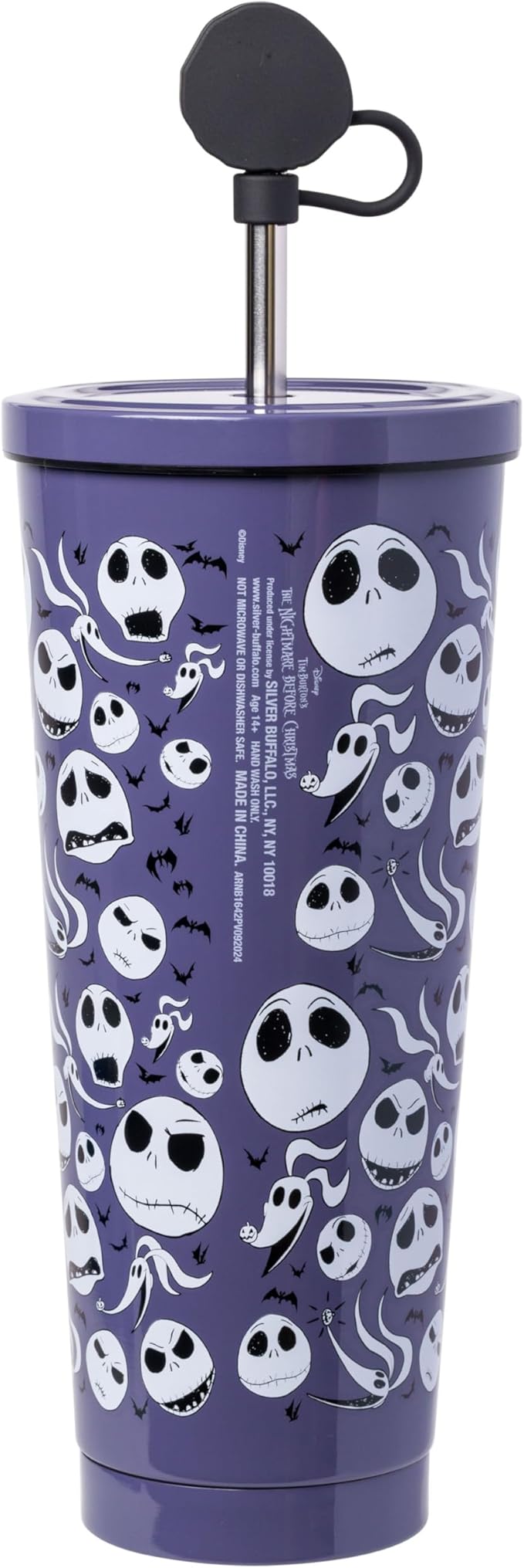 Silver Buffalo Disney Tim Burton's Nightmare Before Christmas Featuring Jack Skellington, Zero, and Bats Stainless Steel Tumbler with Straw and Cover Cap to Prevent From Spilling, 24 Ounces