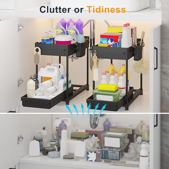 3 Pack Multi-Purpose Under Sink Organizers and Storage (Black-2 Pack, 15.6 inches)