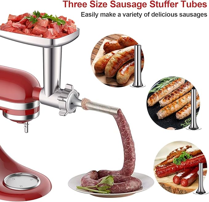 Metal Meat Grinder Attachment for KitchenAid Stand Mixers, Food Grinder Attachment Includes 4 Grinding Plates, 3 Sausage Stuffer Tubes, 2 Grinding Blades, Grinder and Sausage Stuffer by COFUN