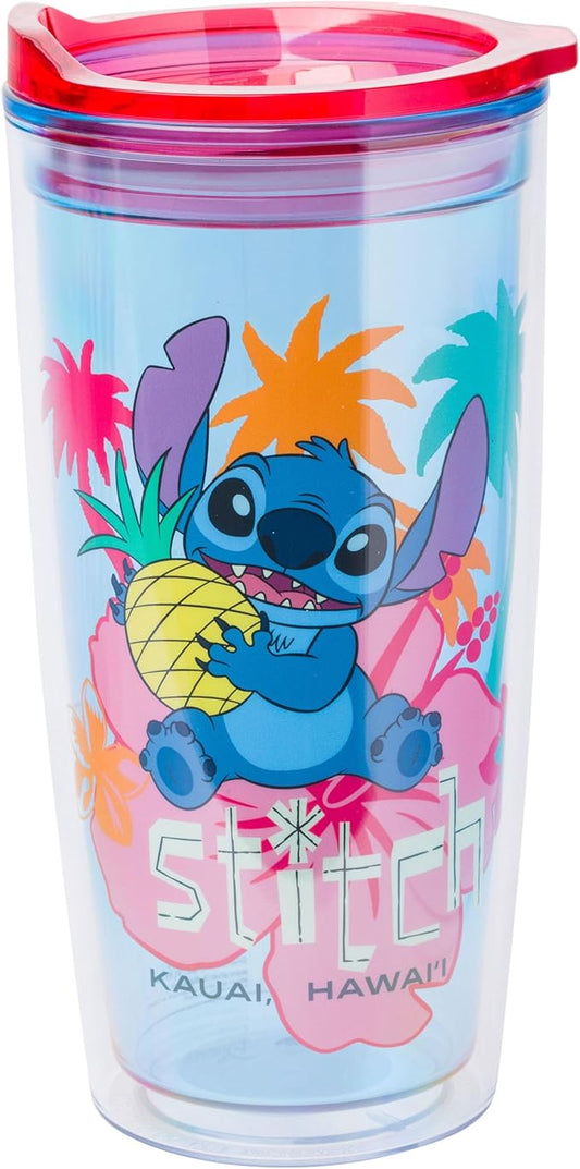 Silver Buffalo Disney Lilo and Stitch Holding Pineapple Tropical Kauai, Hawaii Double Wall Travel Tumbler with Slide Close Lid, 20 Ounces