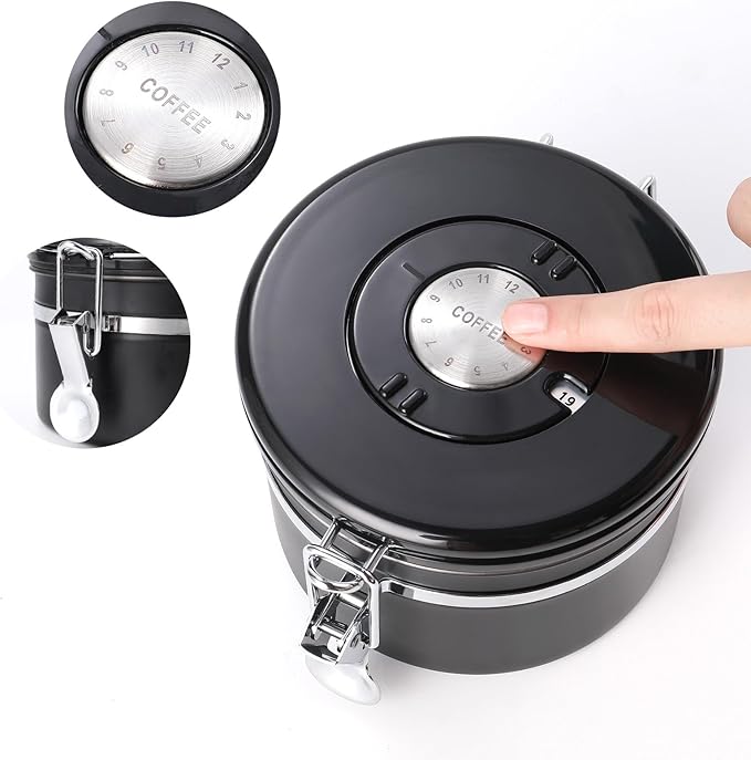 Coffee Canister, Airtight Coffee Container with Date Tracker Lid, Stainless Steel Canister for Kitchen Food Storage (Black, 9oz)