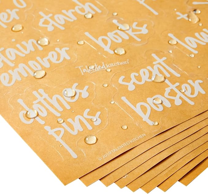 Talented Kitchen Laundry Room Organization Labels - 141 Preprinted White Script Clear Vinyl, Water-Resistant - Sticker Labels for Jars & Food Containers - Pantry, Bathroom & Linen Closet