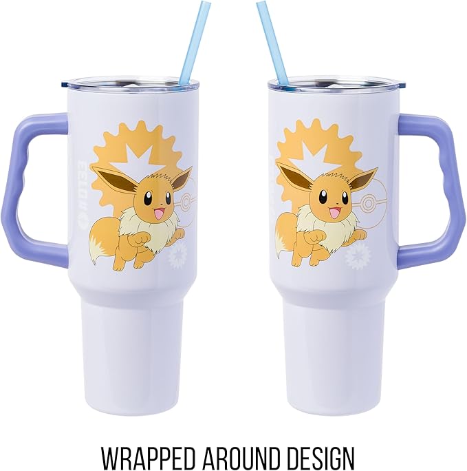 Silver Buffalo Pokémon Stainless Steel Tumbler with Handle Featuring Eevee, Fits in Standard Cup Holder, 40 Ounces
