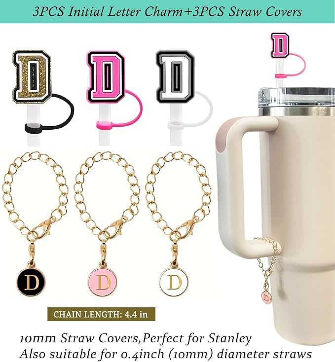 （3 +3) 3PCS Nuozme Straw Cover 10mm For Stanley Tumbler Cup Reusable Straw Cap Topper with 3 Initial Letter Charms Accessories Name ID Personalized Handle Charm For Stanley 30&40 Oz Cup Tumbler