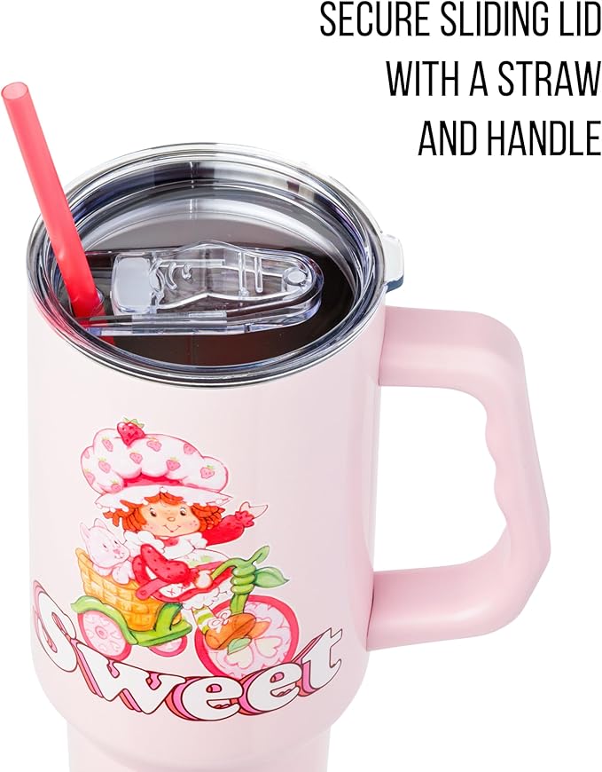 Silver Buffalo Strawberry Shortcake and Custard “Sweet” Stainless Steel Tumbler with Handle, Fits in Standard Cup Holder, 40 Ounces