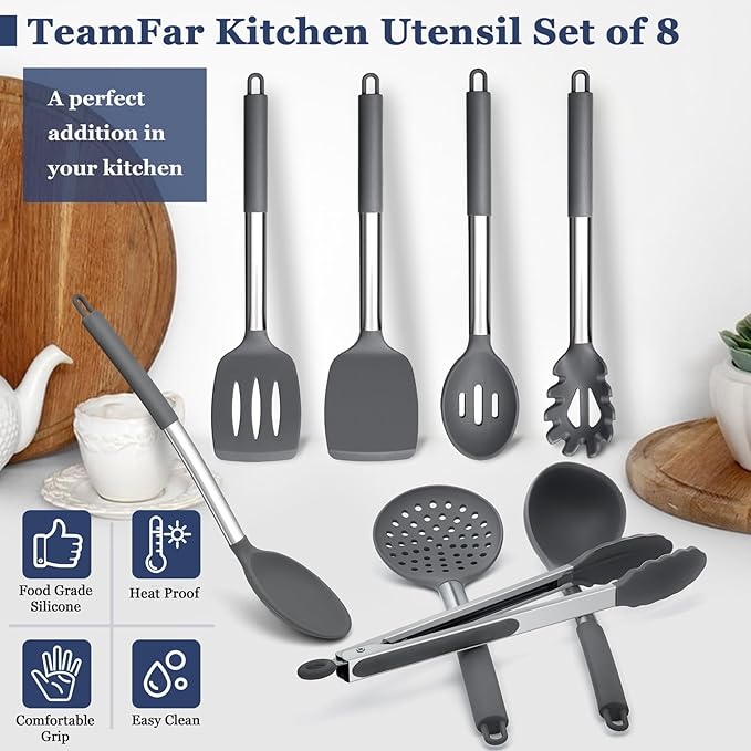TeamFar Kitchen Utensils, 8PCS Silicone Utensils Kitchen Tools Set with Stainless Steel Handle, for Nonstick Cookware Frying Flipping Draining, Healthy & Anti-heat, Nonstick & Dishwasher Safe - Gray