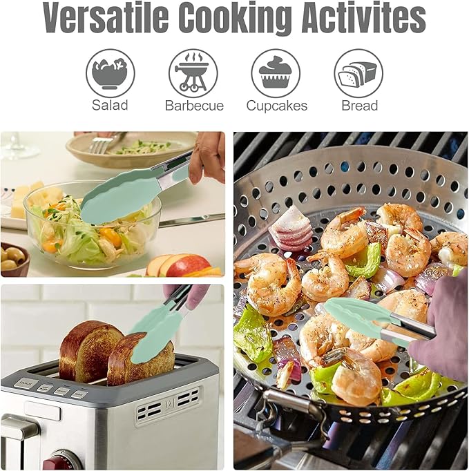 HOTEC Premium 7 & 9 Inch Kitchen Tongs, Stainless Steel Locking Cooking Tongs with Silicone Tips, Non-Scratch & Heat Resistant, Serving Tongs for Salad, BBQ, Light Green, Set of 2