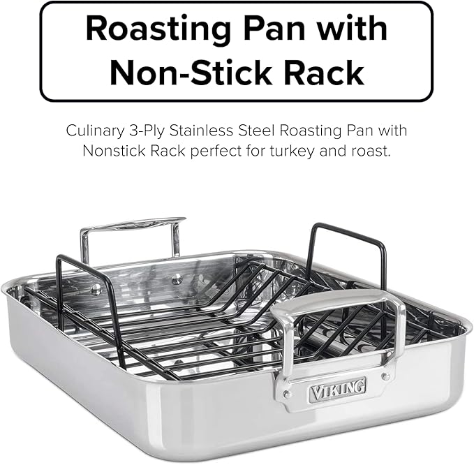 Viking 3-Ply Stainless Steel Roasting Pan with Non Stick Rack, 16 x 13 Inch Kitchen Cookware, Great for Turkey, Dishwasher and Oven Safe, Induction Ready, Silver
