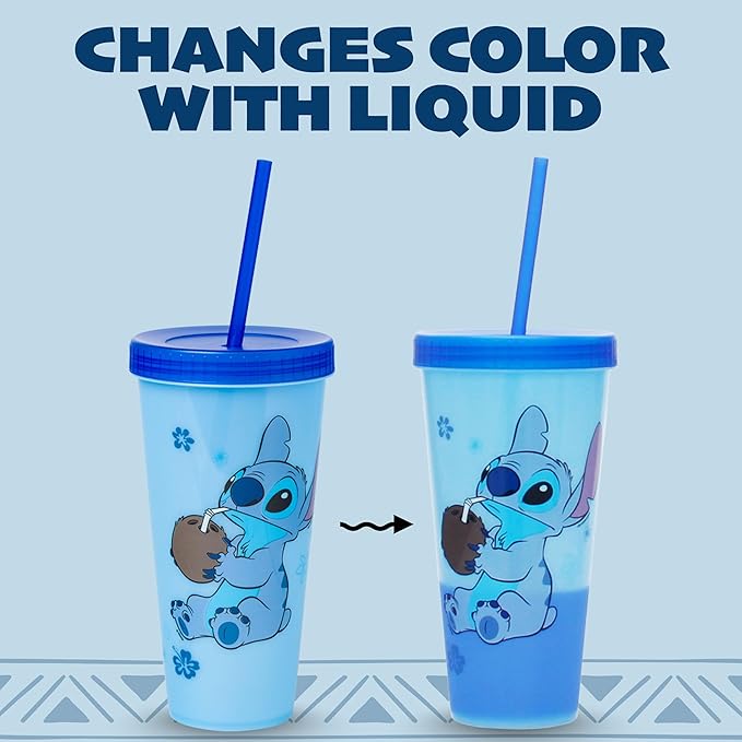 Silver Buffalo Disney Lilo and Stitch Angel Coconut Flowers 2 Pack Color Change Plastic Tumbler, 24-Ounce