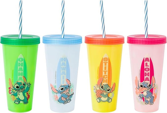 Silver Buffalo Disney Lilo and Stitch 4 Pack Color Changing Plastic Tumbler Set Featuring Stitch, 24 Ounces