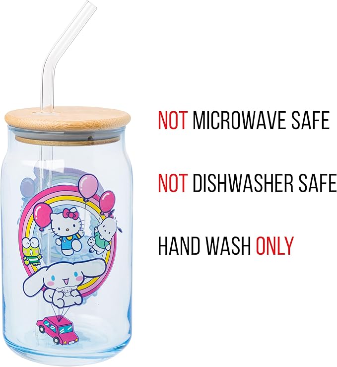 Silver Buffalo Sanrio Hello Kitty & Friends Floating Car Balloons Featuring Cinnamoroll, Pochacco, and Keroppi Glass Jar Tumbler with Bamboo Lid and Glass Straw, 16 Ounces (Pack of 12)