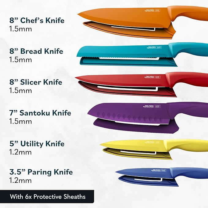 Home Hero Kitchen Knife Set - High Carbon Stainless Steel Blades - Nonstick Ceramic Coating - Ergonomic Handles with Protective Sheaths - 12 Pieces, Multicolor