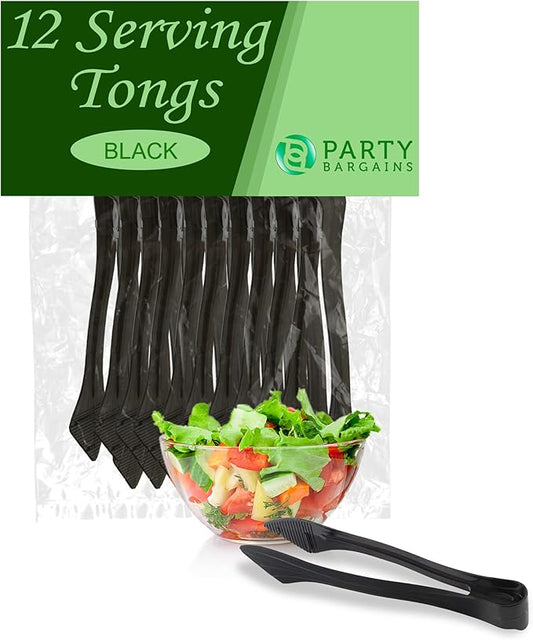 PARTY BARGAINS 8.5 Inches Plastic Serving Tongs, 12 Pack, Premium Quality & Heavy-Duty Black Plastic Tongs for BBQ, Salads, Grilling, Buffets, & Kitchen