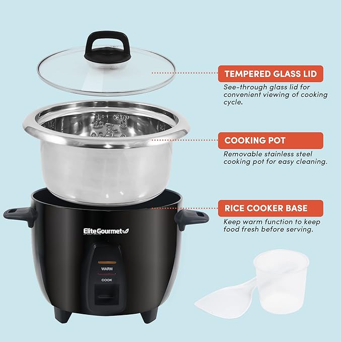 Elite Gourmet ERC2010B Electric Rice Cooker with Stainless Steel Inner Pot Makes Soups, Stews, Porridge's, Grains and Cereals, 10 cups cooked (5 Cups uncooked), Black