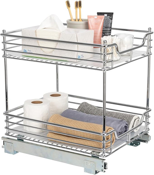 Household Essentials Glidez Chrome-Plated Steel Pull-Out/Slide-Out Storage Organizer with Plastic Liners for Under Cabinet Use - 2-Tier Design - Fits Standard Size Cabinet or Shelf, Chrome