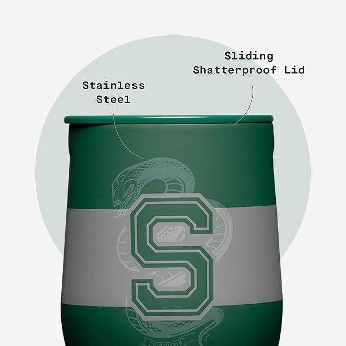 Corkcicle Stemless Insulated Wine Glass Tumbler - Keeps Beverages Cold 6 Hrs Hot 3 Hrs - Stainless Steel - Easy-Grip - Summer Drinkware Gift - Keeps Drinks Ice Cold - 12 oz - Slytherine