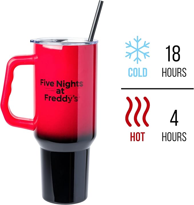 Silver Buffalo Five Nights At Freddy's “Let's Party” Stainless Steel Tumbler with Handle Featuring Freddy Fazbear, Fits in Standard Cup Holder, 40 Ounces