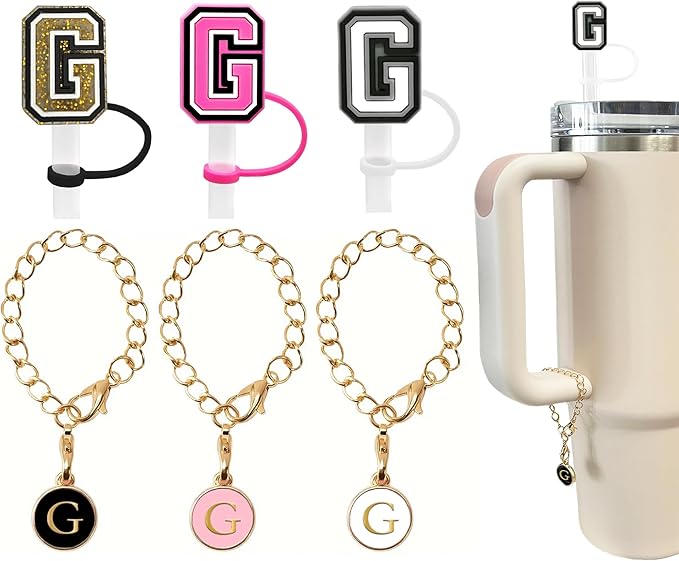 （3 +3) 3PCS Nuozme Straw Cover 10mm For Stanley Tumbler Cup Reusable Straw Cap Topper with 3 Initial Letter Charms Accessories Name ID Personalized Handle Charm For Stanley 30&40 Oz Cup Tumbler