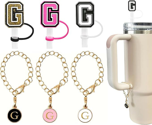 （3 +3) 3PCS Nuozme Straw Cover 10mm For Stanley Tumbler Cup Reusable Straw Cap Topper with 3 Initial Letter Charms Accessories Name ID Personalized Handle Charm For Stanley 30&40 Oz Cup Tumbler