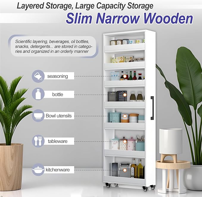7-Tier Slim Storage Cart, Wooden Rolling Pantry Cabinet with Wheels, Narrow Shelf Organizer for Kitchen, Bakers Rack, Dining Room, Closet, Small Spaces Warm White 73.2‘’H*5.9''W*19.6''D