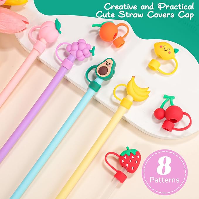 8 PCS Fruit Straw Topper, Straw Cover for Stanley 30&40 Oz Tumbler, Cute Straw Caps in Various Shapes Silicone Straw Covers Cap for 0.4 Inch/10 mm Straw Tips