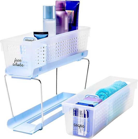 madesmart 2-Tier Plastic Mini Multipurpose Organizer with Divided Slide-Out Storage Bins, Compact Under Sink and Cabinet Organizer Rack, Frost