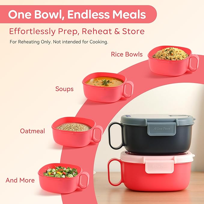 AI LOVE PEACE Microwavable Ramen Bowl with Lid - Leakproof Noodle Container with Built-In Utensils, BPA-Free, Dishwasher & Freezer Safe [Bright Pink]