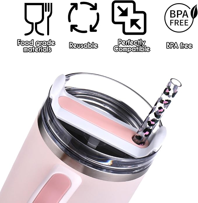 AIERSA 6 Pack Leopard Straw Replacement 40oz for Stanley,Plastic Reusable Straw for Stanley Adventure Quencher Travel Tumbler,Long Straws with Cleaning Brush for Stanley Cup Accessories