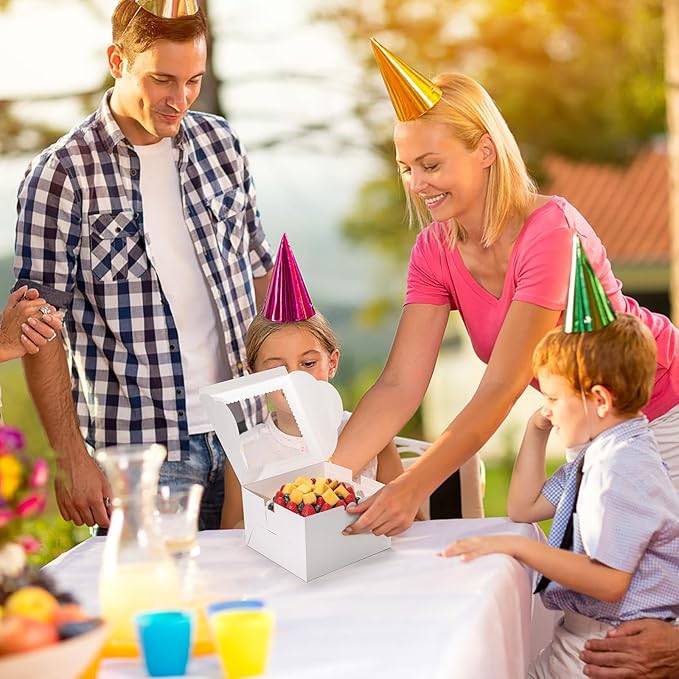 Small Cake Boxes 8 Inch with Window, 4 Set Bakery Boxes with Cake Boards & Stickers, Cupcake Box for Birthday, Party, Wedding, Mother's Day, Valentine's Day, Christmas（8x8x5 inch）