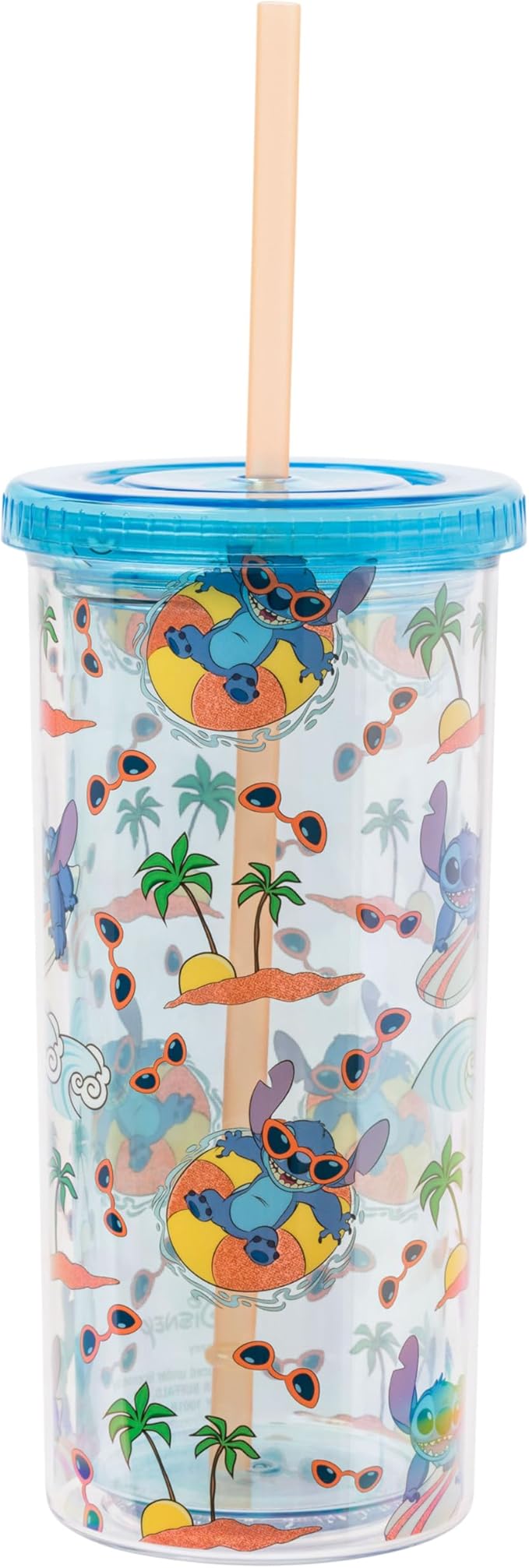 Silver Buffalo Disney Lilo and Stitch Beach Island Stitch in Floatie Swim Ring Plastic Glitter Cold Cup with Lid and Straw, 20 Ounces (Pack of 12)