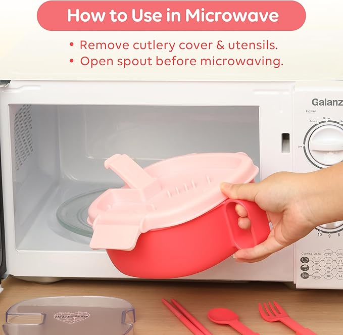 AI LOVE PEACE Microwavable Ramen Bowl with Lid - Leakproof Noodle Container with Built-In Utensils, BPA-Free, Dishwasher & Freezer Safe [Bright Pink]