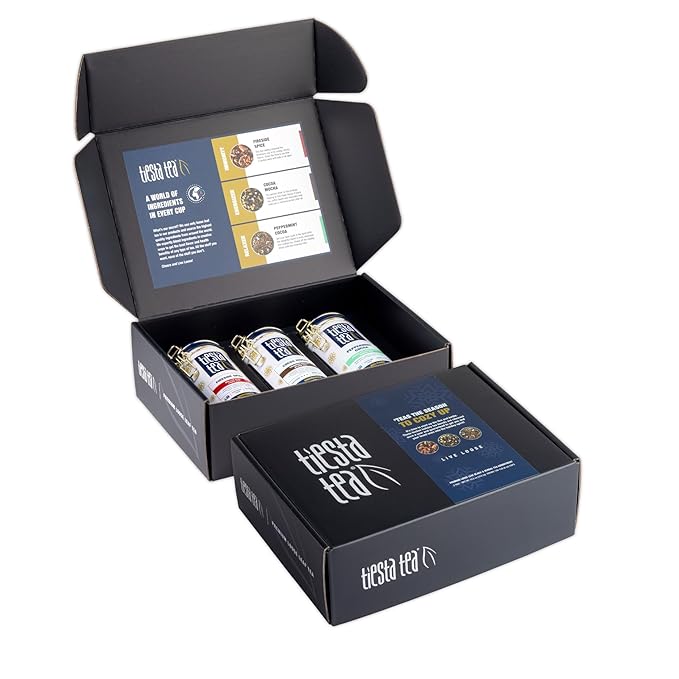 Tiesta Tea - Holiday Loose Leaf Tin Gift Box, High to Non Caffeinated Tea Variety Pack, Make Hot & Iced, 3 Tins of Assorted Holiday Blends, Fireside Spice, Peppermint Cocoa & Cocoa Mocha