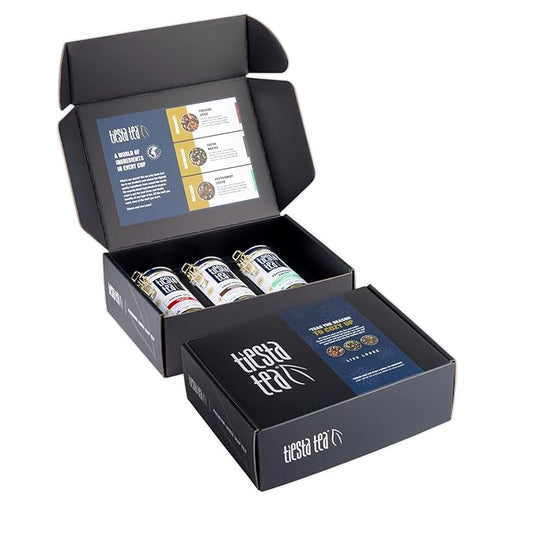 Tiesta Tea - Holiday Loose Leaf Tin Gift Box, High to Non Caffeinated Tea Variety Pack, Make Hot & Iced, 3 Tins of Assorted Holiday Blends, Fireside Spice, Peppermint Cocoa & Cocoa Mocha