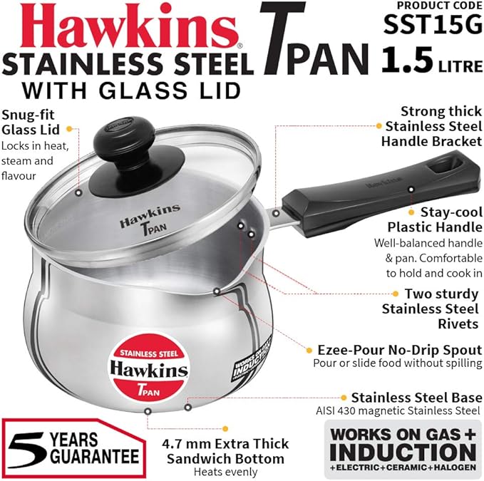 Hawkins Stainless Steel Tpan 1.5L with Glass lid
