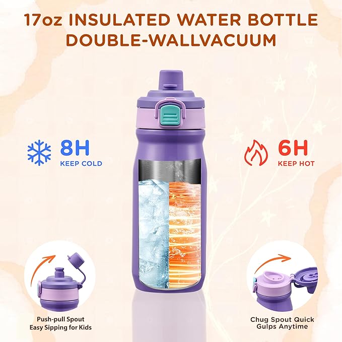 Bento Lunch Box for Kids With 8oz Thermo, Leakproof Bento Box with with 2 Compartments, Insulated Bottle, Lunch Bag, BPA Free Dishwasher Safe for School Girls Boys (Purple)