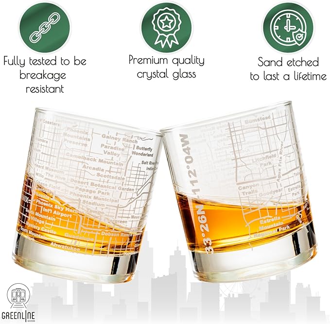 Greenline Goods Whiskey Glasses - 10 Oz Tumbler Gift Set for Phoenix lovers, Etched with Phoenix Map Old Fashioned Rocks Glass - Set of 2