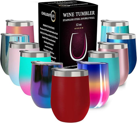 CHILLOUT LIFE 12 oz Stainless Steel Wine Tumbler with Lid - Double Wall Vacuum Insulated Wine Cup Glass Keeping Cold & Hot for Coffee, Champagne, Cocktails, Ice Cream - Powder Coated Red