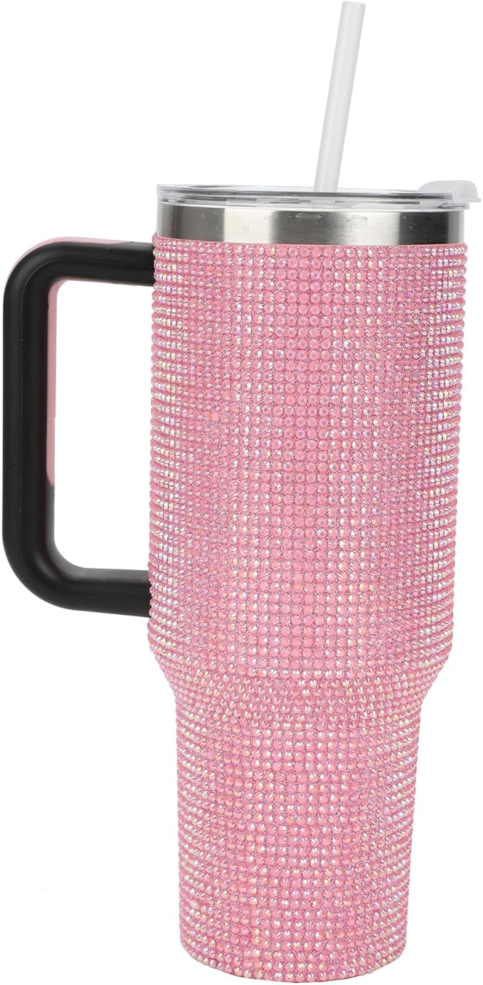 Bioworld Pink Rhinestone Vacuum Insulated 40 Oz. Stainless Steel Tumbler with Leak-Proof Lid & Easy Carry Handle for Travel or Home
