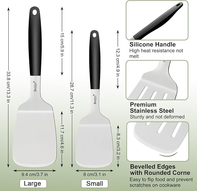 Beijiyi Stainless Steel Spatulas, 2 Pcs Metal Spatula Set for Cooking with Silicone Handle, Heavy Duty Turner for Cast Iron Skillet, Flat Top Grills, Kitchen Utensils for Steak, Pancake, Smash Burger