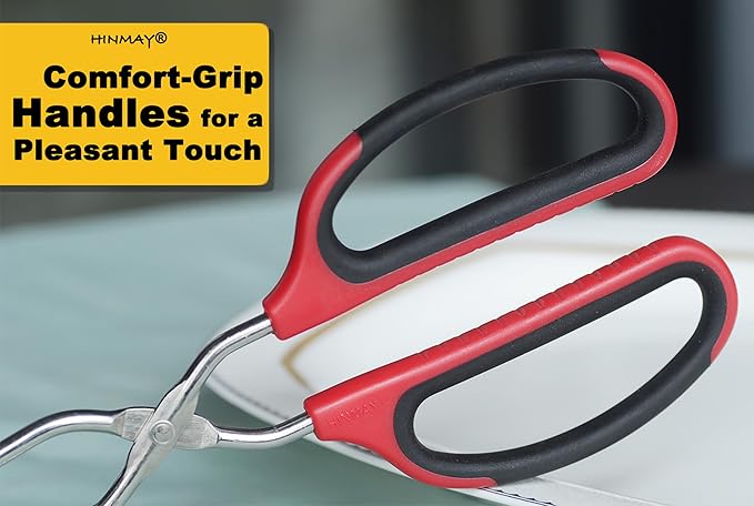 12" 16" Extra Long Stainless Steel Kitchen Tongs Set, Non-Slip Comfortable Red Grip, Scissor Design, Heat Resistant for Cooking Grilling and Serving