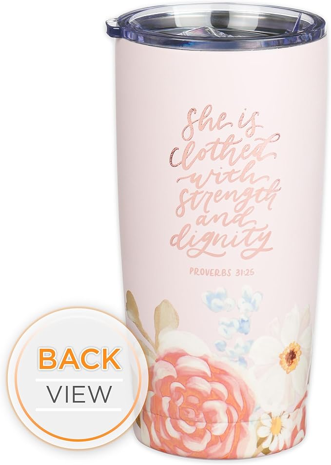 Christian Art Gifts Large Stainless Steel Inspirational Travel Mug Tumbler for Women: Strength & Dignity Scripture, Sturdy Vacuum Insulated, Hot/Cold, Retractable Lid, Pink Multicolor Floral, 18 oz.