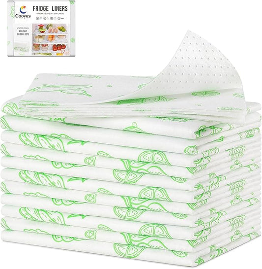 Cooyes Refrigerator Drawe Liners Super Absorbent Fridge Bin Mats Keep Produce Fresh Longer Air Circulating Non-Slip Washable Non-Adhesive (12 Pack 12" x 24" Green Veggie)