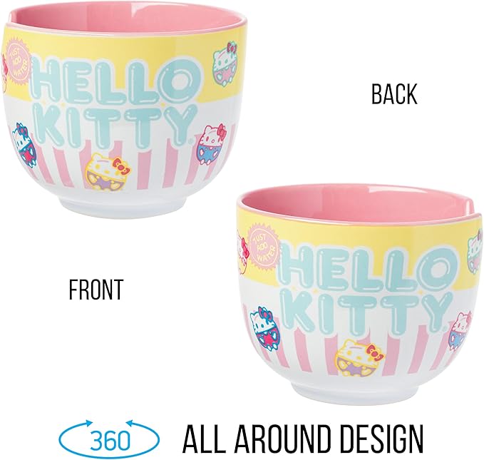Silver Buffalo Sanrio Hello Kitty Pastel Colored Ceramic Ramen Noodle Rice Bowl with Chopsticks, Microwave Safe, 20 Ounces