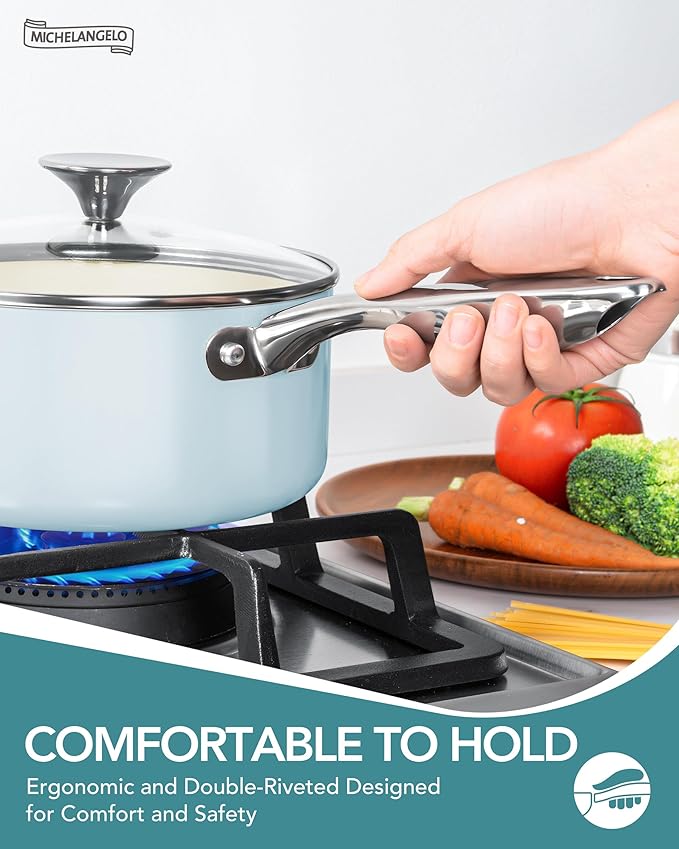 MICHELANGELO Pots and Pans Set Non Stick Ceramic Cookware Set, 8-Piece Nonstick Pots and Pans, Non-Toxic, Oven Safe & Compatible with All Stovetops - Blue